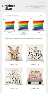 Size guide for Easter bunny pillow covers showing 40cm, 45cm and 50cm holiday dimensions