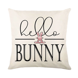 Minimalist square cotton linen Easter pillow cover with pink bunny and hello BUNNY print