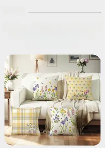 Detail of 4-piece Easter pillow covers with bunny and floral prints on a white sofa