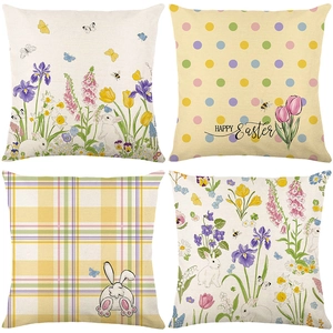 Easter Rabbit Bunny Floral Plaid Pattern Decorative Pillowcase Cushion Cover Linen Texture Home Sofa Decor