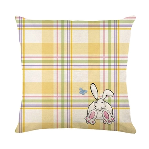 Easter plaid throw pillow cover with yellow grid and cute bunny print for home decor