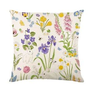 Easter plaid throw pillow cover featuring white rabbit and wildflowers on cotton linen texture