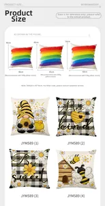 Size guide for bee themed pillow covers showing dimensions and multiple print designs