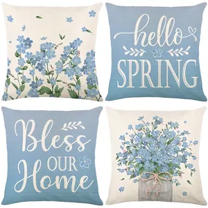 Blue Floral Pillow Covers Spring Plant Print Polyester Cushion Cases For Sofa Home Decor Farmhouse Nordic Style