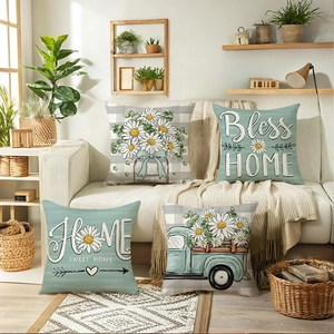 Farmhouse Daisy Throw Pillow Covers Polyester Decorative Cushion Cases For Sofa Home Decor Retro Truck Bless Home Quote Square Pillowcases