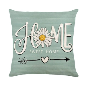 Daisy home sweet home printed pillow case in sage green with woven texture