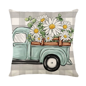 Daisy floral daisy blue pickup truck print grey checkered square decorative pillow case