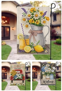 Texture détaillée des drapeaux de jardin en toile de jute avec fleurs et citrons d'été