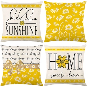 Set of four daisy floral print pillow covers with hello sunshine and home sweet home text