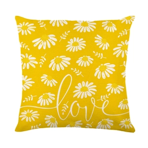 Bright yellow daisy flower pillow case with white love script and woven texture print