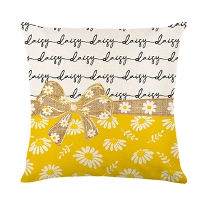 Fresh yellow and white daisy pattern square polyester pillowcase with ribbon bow prints