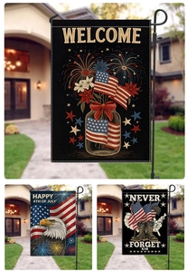 Vista dettagliata di bandiere da giardino patriottiche con motivi USA e testo welcome