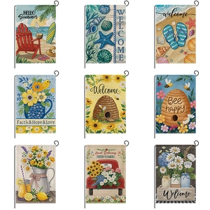 Drapeau de Jardin d'Été Double Face Polyester Aspect Lin Décoration Extérieure Cour Welcome Hello Summer Abeille Fleur Petit Drapeau Décoratif
