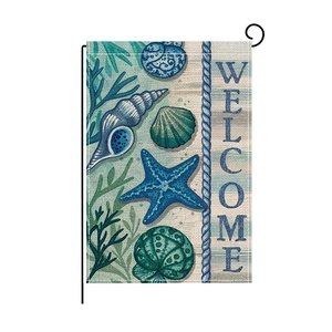 Drapeau de jardin plage d'été avec motif étoile de mer et coquillage sur texture lin