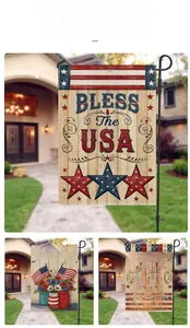 Three assorted patriotic US garden flags with floral and stripe patterns on garden stakes