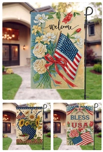 Patriotic garden flag featuring white roses and stars on a durable polyester fabric