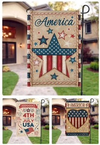 Detail of Independence Day garden flags featuring American stars, hearts and rustic linen texture