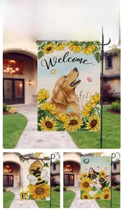 Outdoor garden flag set with sunflower patterns and watercolor animal art on burlap