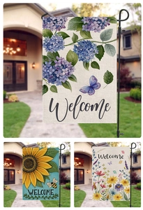 Close-up of durable burlap garden flags with sunflower and bee prints for outdoor decor