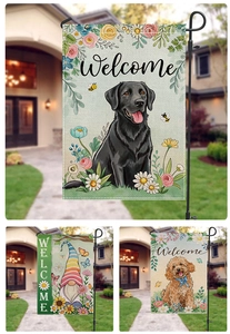 Close-up of durable linen texture on garden flags featuring floral and dog patterns