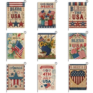 Garden Flag Metal Stand Set Double Sided Burlap Linen US Patriotic Independence Day Bless The USA Outdoor Yard Decor
