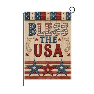 Patriotic USA garden flag with Bless the USA text and rustic linen texture design