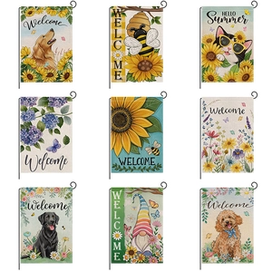 Garden Flag Double Sided Linen Sunflower Dog Cat Gnome Summer Outdoor Yard Decoration Weather Resistant Anti-Fade