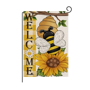 Sunflower garden flag with bee and welcome text, rustic burlap decorative yard flag