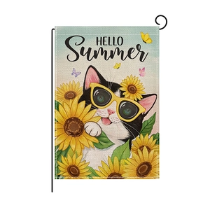 Summer garden flag featuring a cat with sunglasses and sunflowers on burlap fabric