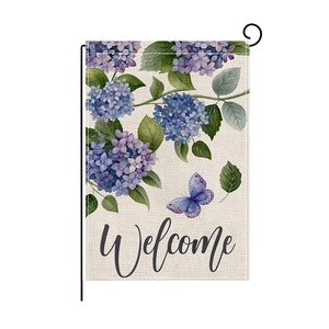 Sunflower hydrangea garden flag with welcome text on a decorative iron stand