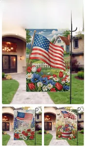 Outdoor patio display of American Independence Day garden flags with floral patterns