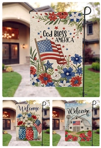 Detail of three burlap garden flags with American flag stars and floral patterns