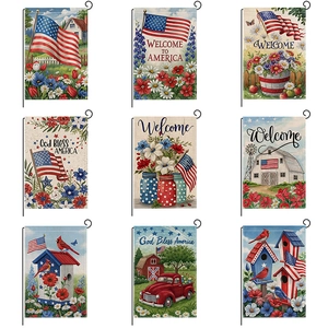 Patriotic Garden Flag Burlap Linen Double Sided Outdoor Yard Decor American Flag Design Welcome July Fourth Summer Floral