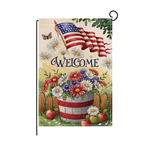 Welcome American flag garden banner with daisies and apples on a black metal stand
