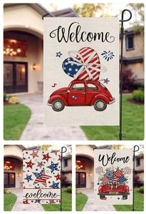 Détail du drapeau de jardin en toile de jute avec motifs d'étoiles et de rayures USA