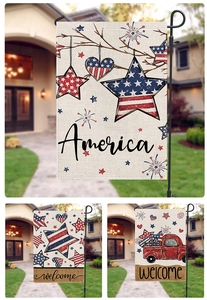 Détail de drapeaux de jardin américains avec motifs patriotiques d'étoiles et de camion