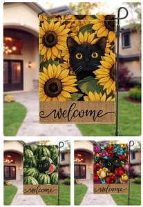 Close-up of three garden flags with cats and sunflowers and a Welcome sign at the bottom