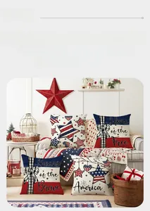 Detail of four Independence Day pillow covers with stars and stripes on a sofa