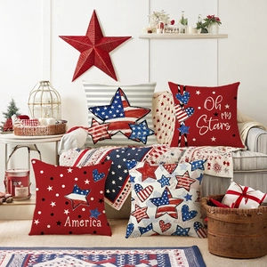 Taie d'oreiller Fête de l'Indépendance des États-Unis en Lin Étoiles Patriotiques Rayures Coeur Imprimé Housse de Coussin Décorative