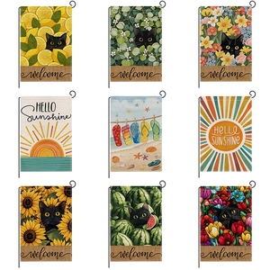 Summer Garden Flag Double Sided Polyester Burlap Outdoor Decorative Welcome Black Cat Sun Flower Yard Sign