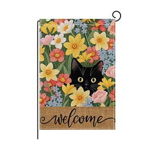 Double-sided garden flag featuring spring flowers, a black cat, and welcome text