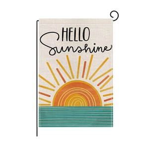 Double-sided garden flag with HELLO Sunshine lemon sun design and black metal holder