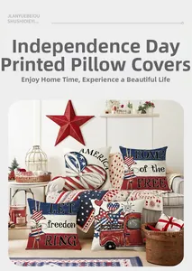 Independence Day pillow covers with red and blue star patterns on a gray sofa