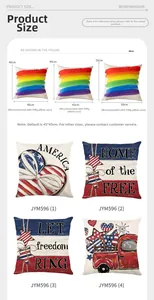 Size chart for American Independence Day pillow covers showing 40cm, 45cm, and 50cm dimensions