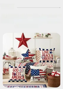 Detail view of four Independence Day pillow covers with patriotic prints on a sofa