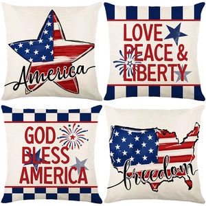 Set of 4 Independence Day pillow covers with USA flag heart and map patterns