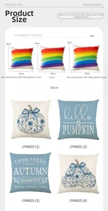 Size guide for pumpkin harvest pillow covers showing 40cm, 45cm, and 50cm square options