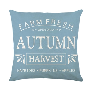 Light blue Autumn Harvest pumpkin throw pillow cover with vintage cotton linen texture