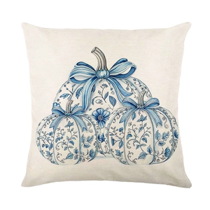 Blue Chinoiserie pumpkin throw pillow cover on cream linen fabric for harvest decor