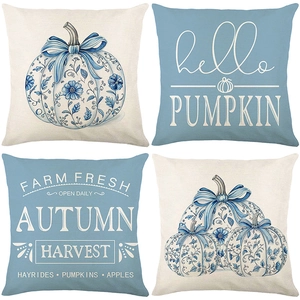 Set of 4 blue and white pumpkin decorative pillow covers with Autumn Harvest letter prints